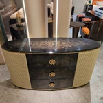 Curved Black and Cream Sideboard Cabinet with Three Central Drawers Textured Side Panels Gold Monogram Pulls and Rounded Profile